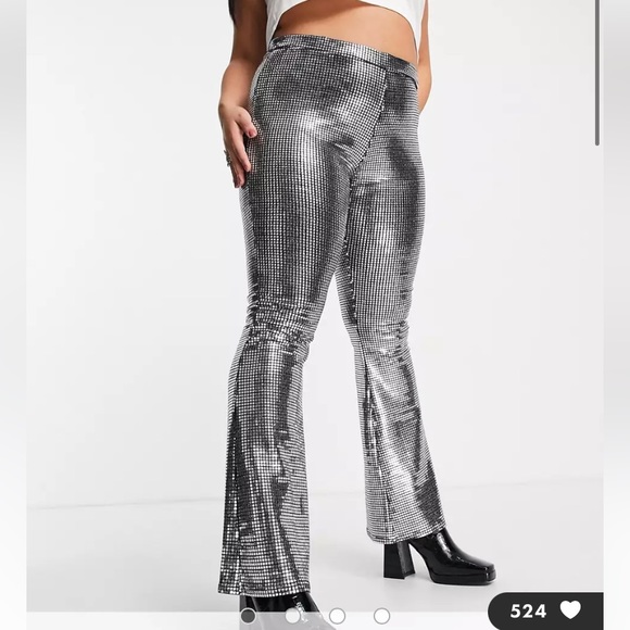 ASOS DESIGN Curve chainmail sequin slim flare pant in silver 6 petite - Picture 2 of 8